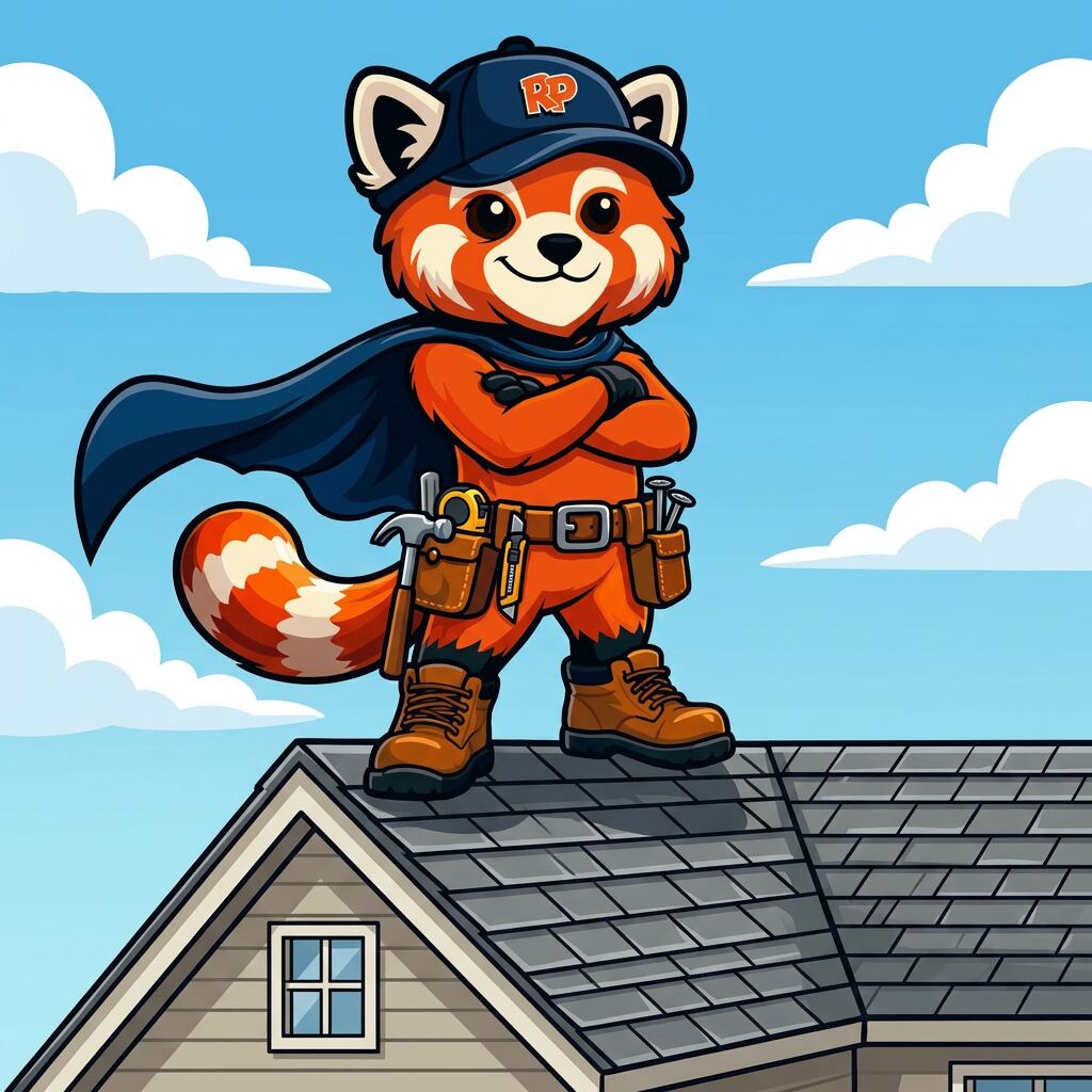 Red Panda Roofing mascot shielding a home from a raging thunderstorm