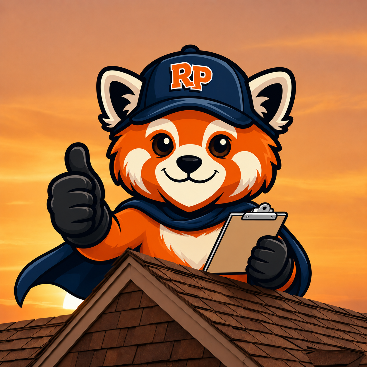 Red Panda Roofing mascot perched on a freshly shingled roof